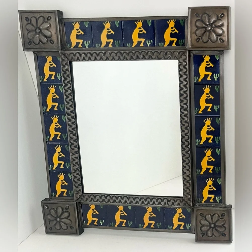 Vintage Ornate Natural Tin & Mexican Tile Mirror